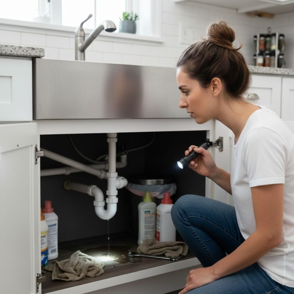 Checking under sink at leak