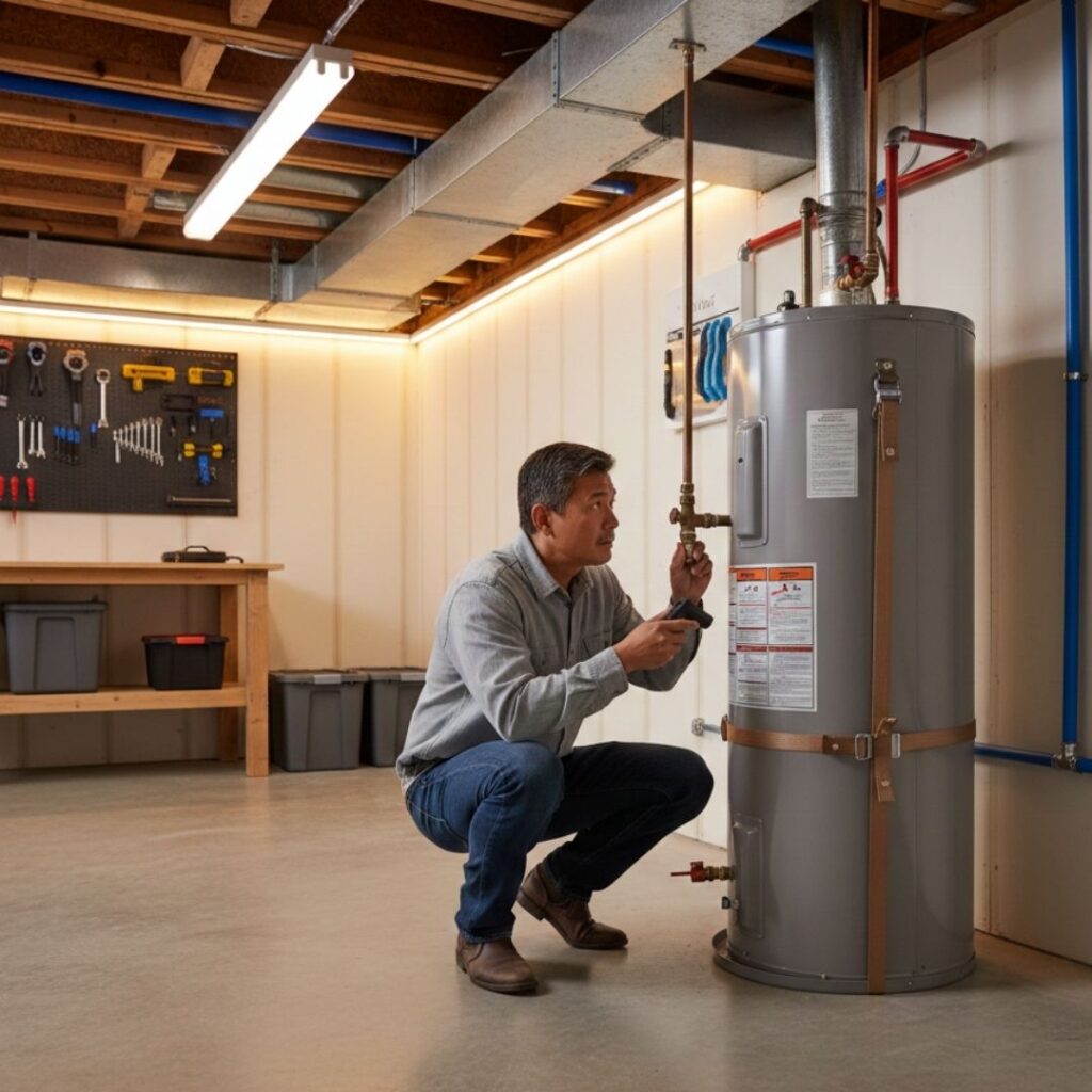 person looking over water heater