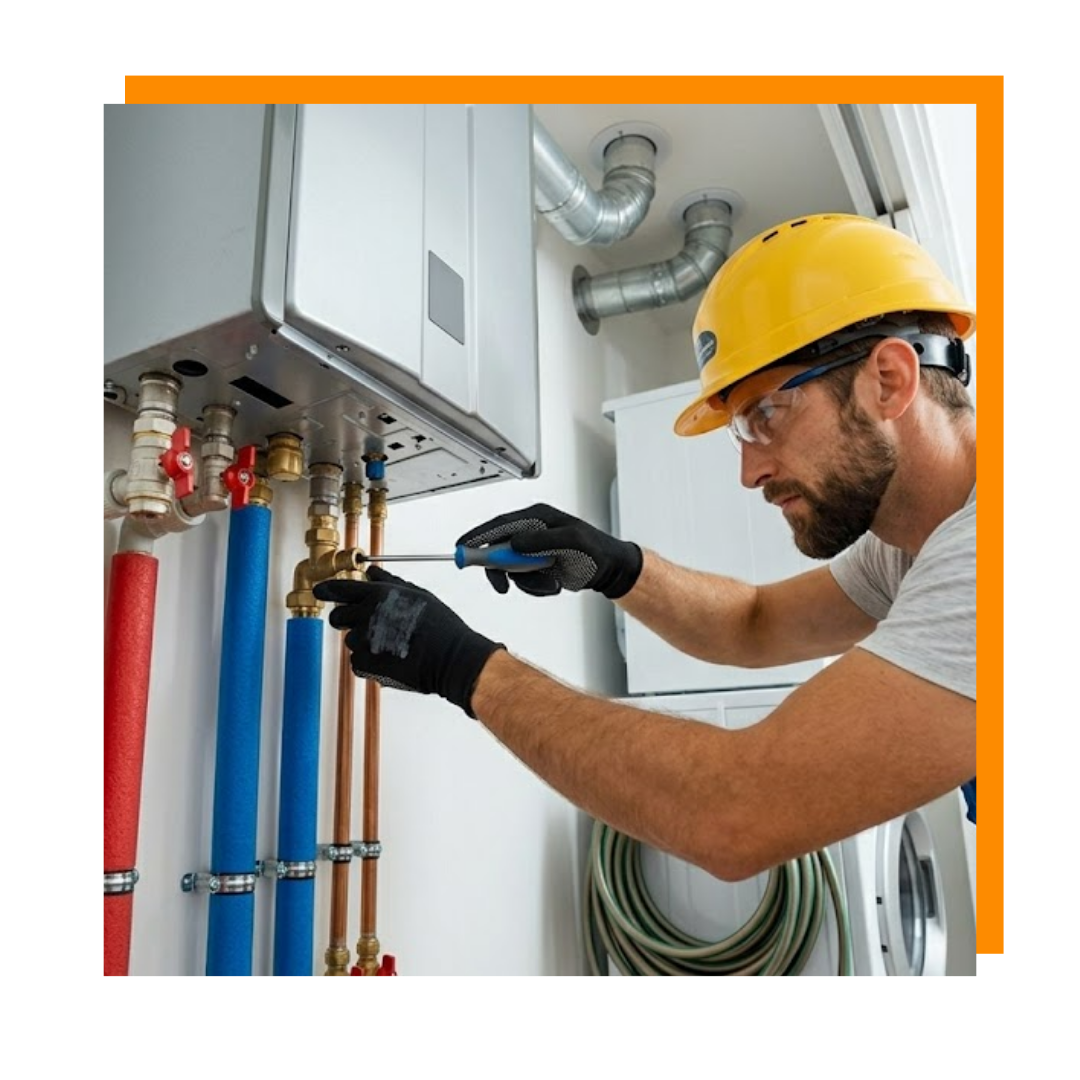 plumber working on a tankless water heater