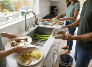 people in the kitchen with plates of food