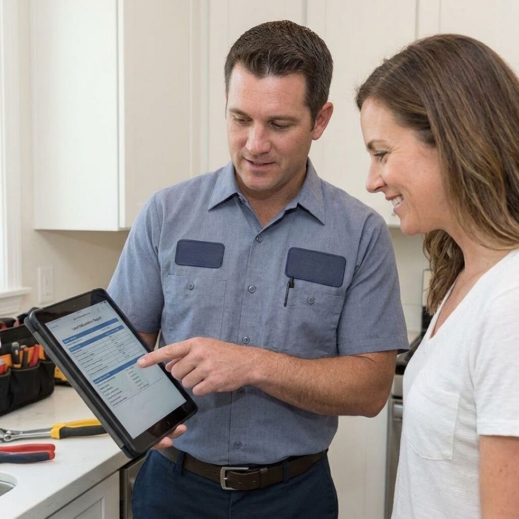 Electrician talking to a homeowner with a tablet